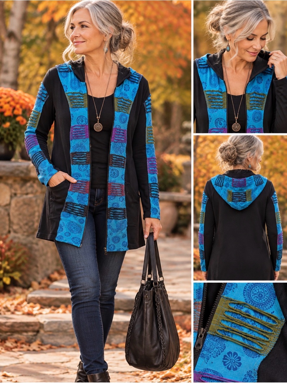Patterned Blue Hooded Zip Utility Jacket